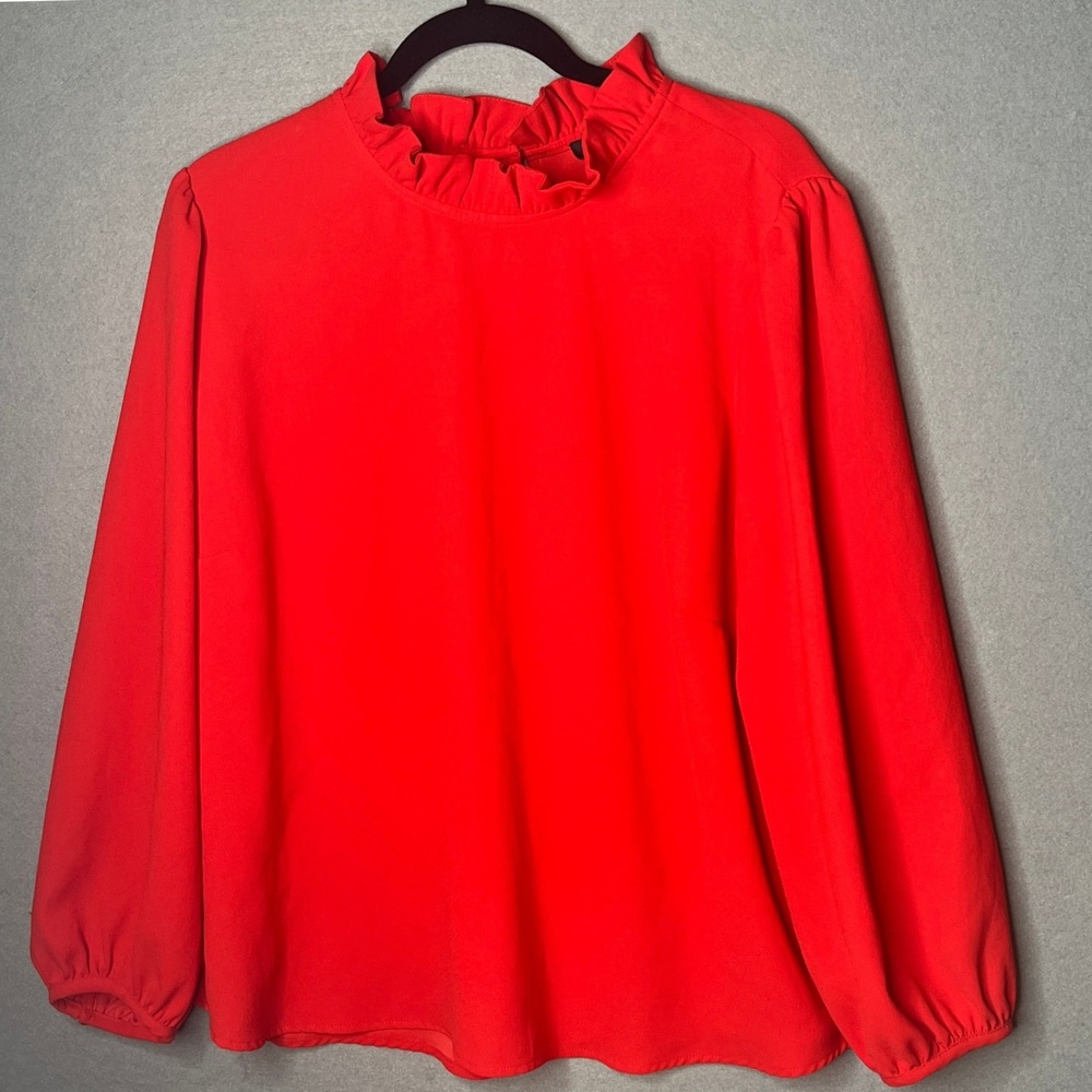 J.Crew Blouse Women 3X Red Ruffle Neck Long Sleeve Puff Shoulder Romantic Top